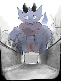 anthro black_horn blue_body blush clothing crouching female genitals grass gutter horn nervous outside plant solo vulva young young_anthro young_female wkme mythology dia_(wkme) dragon mythological_creature mythological_scalie scalie 3:4 colored hi_res