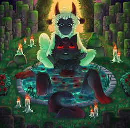 ambiguous_gender anthro bath bathing convenient_censorship detailed_background duo eye_contact fluffy intimate looking_at_another male nude outside red_eyes constellraetion cult_of_the_lamb massive_monster_(studio) baal_(cult_of_the_lamb) lamb_(cult_of_the_lamb) bovid caprine domestic_cat felid feline felis mammal sheep