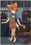 anthro apron barista beverage blush border cafe clothing coffee coffee_shop looking_at_viewer male paws plantigrade public smile solo white_border young young_anthro auzzie ryan_(muskie)_(auzzie) canid canine canis coyote mammal hi_res