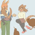 ambiguous_gender angry anthro clothed clothing cross-popping_vein female feral group kemono male pecking size_difference trio ekaki510 avian bird kangaroo kiwi_(bird) macropod mammal marsupial ratite red_kangaroo wallaby 1:1