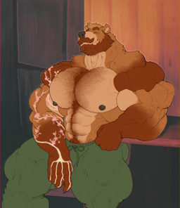 abs anthro arm_hair beard biceps big_muscles big_pecs black_nipples body_hair bottomwear brown_beard brown_body brown_facial_hair brown_fur brown_mustache chest_hair closed_smile clothed clothing deltoids eyebrows eyes_closed facial_hair fur green_bottomwear green_clothing green_pants happy_trail huge_muscles huge_pecs hyper hyper_muscles hyper_pecs male male_anthro markings mouth_closed muscular muscular_anthro muscular_male mustache navel nipples orange_body orange_fur pants pecs pink_markings pubes sitting smile solo tan_body tan_fur topless trapezius white_markings gryblak bear mammal hi_res