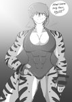 abs anthro clothing dialogue female gloves hand_on_hip handwear looking_at_viewer looking_down muscular muscular_anthro muscular_female one-piece_swimsuit smile smiling_at_viewer solo speech_bubble stripes swimwear text carrus fish marine requiem_shark shark tiger_shark absurd_res english_text hi_res monochrome