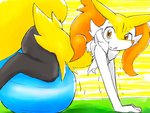 ambiguous_gender anthro arm_tuft ball big_ears bodily_fluids chest_tuft exercise exercise_ball fluffy fluffy_tail fur hip_tuft inner_ear_fluff kneeling looking_at_viewer multicolored_body multicolored_fur open_mouth orange_eyes pink_tongue shaking shoulder_tuft side_view simple_background solo sweat tail tongue trembling tuft white_body white_fur workout eiroru nintendo pokemon braixen generation_6_pokemon pokemon_(species) 2020 4:3 hi_res traditional_media_(artwork)