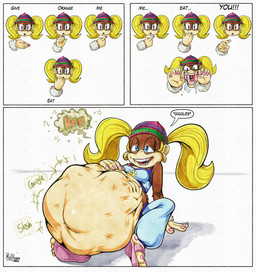 after_vore anthro belly big_belly blonde_hair blue_clothing blue_eyes brown_body brown_fur clothing duo female female_pred fur hair overweight simple_background sitting vore white_background killboo donkey_kong_(series) nintendo tiny_kong kong mammal primate 2026 comic hi_res