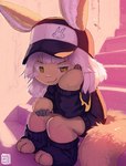 absurd_res ambiguous_gender anthro clothing cupping_head digital_media_(artwork) hair hat headgear headwear hi_res lagomorph leporid lit_from_behind made_in_abyss mammal nanachi narehate paws rabbit sitting_on_stairs skalelsky smug_grin solo white_hair yellow_eyes