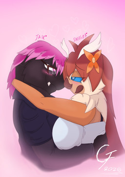 alternate_universe anthro big_breasts biped blue_eyes breasts brown_hair clothed clothing duo eyewear female female_anthro glasses gradient_background hair keychain male male/female male_anthro navel non-mammal_breasts non-mammal_navel pink_eyes pink_hair simple_background text overlord_gabriel godzilla_(series) mothra_(series) toho fan_character jair_dozilg_(oc) mothra saffira_morath_(oc) arthropod kaiju scalie digital_drawing_(artwork) digital_media_(artwork) english_text hi_res