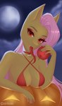 anthro anthrofied apple bikini bra breasts cleavage clothed clothing fangs female food front_view fruit full_moon fur hair holidays jack-o'-lantern lingerie long_tongue looking_at_viewer medium_breasts moon night outside pink_hair plant red_bra red_clothing red_eyes red_tongue red_underwear solo swimwear teeth tongue tongue_out two-piece_swimsuit underwear yellow_body yellow_fur saardequeen friendship_is_magic halloween hasbro my_little_pony mythology flutterbat_(mlp) fluttershy_(mlp) bat_pony equid equine horse mammal pony 2024 hi_res portrait