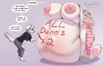 anthro bared_teeth belly big_belly big_breasts black_clothing black_shirt black_t-shirt black_topwear blonde_hair blue_bottomwear blue_clothing blue_eyes blue_pants bottomwear breasts clothed clothing duo female fur ginormous_belly hair huge_belly huge_breasts hyper hyper_belly hyper_breasts hyper_pregnancy long_hair markings navel nipples nude one_eye_closed pants pink_body pink_eyes pink_fur pink_nipples pregnant pregnant_anthro pregnant_female shirt short_hair simple_background standing striped_arms striped_legs striped_markings striped_tail stripes stuck t-shirt tail tail_markings text topwear wavy_hair white_body white_fur white_hair tiggybloom marzipan_(tiggybloom) canid canine felid mammal pantherine tiger 2025 dated english_text hi_res