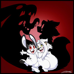 anthro black_body black_fur bodily_fluids crying duo fangs featureless_crotch fur hair male open_mouth red_eyes saliva shadow tears teeth tongue tongue_out white_body white_fur white_hair yellow_eyes deonwolf bunnicula_(series) bunnicula deon_(deonwolf) canid canine canis lagomorph leporid mammal rabbit vampire wolf 1:1 2020 digital_media_(artwork) hi_res