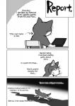 anthro chair computer electronics furniture laptop simple_background solo text white_background maririn domestic_cat felid feline felis mammal 2015 comic english_text greyscale hi_res monochrome