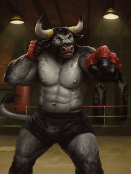 abs anthro biceps bottomwear bulge clothed clothing fighting_ring fingerless_gloves fur gloves hair handwear horn inside male muscular muscular_anthro muscular_male navel nipples pecs punching_bag shorts solo standing tail topless topless_anthro topless_male orcfun bovid bovine cattle mammal 3:4 digital_media_(artwork) hi_res