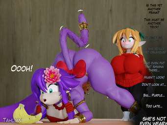 accessory anthro armwear ass_up banana big_breasts big_butt blush bow_(feature) bow_accessory bow_ribbon breasts butt clothing curvy_figure dialogue duo ear_piercing ear_ring fangs female female/female flower flower_in_hair food freckles fruit fur furgonomics green_eyes hair hair_accessory hand_on_butt humanoid_pointy_ears jack-o'_pose jewelry long_hair necklace orange_hair piercing plant pointy_ears pose purple_body purple_fur purple_hair ribbons ring_piercing shortstack simple_background tail tail_accessory tail_bow tail_ribbon teeth text thick_thighs wide_hips tahlian felicia_(tahlian) kiki_(tahlian) elf haplorhine humanoid mammal monkey primate 2021 3d_(artwork) 4:3 blender_(artwork) digital_media_(artwork) english_text hi_res meme