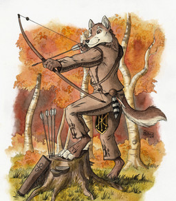 4_toes 5_fingers anthro archer arrow_(weapon) autumn barefoot black_nose bottomwear bow_(weapon) brown_body brown_eyes brown_fur claws clothed clothing digitigrade feet fingers fringe_clothing fungus fur grass holding_bow_(weapon) holding_object holding_ranged_weapon holding_weapon looking_forward mushroom outside pants plant quiver_(object) ranged_weapon shirt smile solo standing tail toes topwear tree_stump weapon white_body white_fur 0laffson hunter_(number01hunter) canid canine canis mammal wolf 2018 dated hi_res painting_(artwork) signature traditional_media_(artwork) traditional_painting_(artwork) traditional_watercolor_(artwork) watercolor_(artwork)