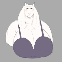 anthro big_breasts bodily_fluids bra breasts clothing female huge_breasts long_ears looking_at_viewer slight_blush solo sweat underwear worried kunart undertale_(series) toriel bovid caprine goat mammal 1:1 absurd_res hi_res