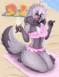 beach beach_towel clothing dessert embarrassed female food hair ice_cream ice_cream_cone long_ears pink_hair purple_body seaside swimwear towel chainilla canid canine mammal absurd_res hi_res