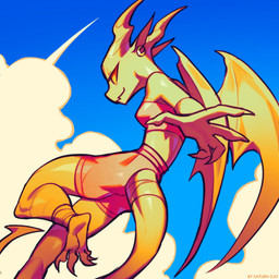 4_toes 5_fingers action_pose amber_eyes anthro athletic athletic_anthro biped bottomwear bra breasts claws clothing cloud detailed_background ear_piercing ear_ring feet female fingers flying furgonomics horn leg_wraps light midair midriff non-mammal_breasts non-mammal_ears orange_body piercing pointy_ears pose rear_view ring_piercing shorts sky solo tail text tight_clothing toes underwear wings wraps saturncat mythology dragon mythological_creature mythological_scalie scalie 1:1 2026 artist_name digital_drawing_(artwork) digital_media_(artwork) hi_res lighting portrait shaded three-quarter_portrait