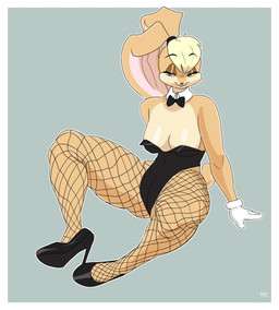 anthro big_ears black_bow_tie black_clothing black_footwear black_high_heels black_leotard blonde_hair blue_eyes border bow_tie breasts brown_body brown_fur brown_nose buckteeth cleavage clothed clothing eyebrow_through_hair eyebrows eyelashes female fishnet_clothing fishnet_legwear floppy_ears footwear fur gloves grey_background hair handwear head_tuft high_heels legwear leotard long_ears looking_at_viewer lop_ears shoes simple_background smile solo tan_body tan_fur teeth thick_thighs toony translucent translucent_hair tuft white_border white_clothing white_gloves white_handwear wide_hips boodapooks looney_tunes warner_brothers lola_bunny lagomorph leporid mammal rabbit hi_res