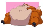 anthro belly belly_overhang big_belly canid canine chubby_cheeks chubby_face claws dipstick_tail fat_rolls fox fur hand_on_belly hi_res huge_belly hyper hyper_belly love_handles male mammal markings mo_pawl moobs morbidly_obese morbidly_obese_anthro morbidly_obese_male navel nude obese obese_anthro obese_male orange_body orange_fur overweight overweight_anthro overweight_male shikakaka sitting solo tail tail_markings tan_body tan_fur thick_thighs toe_claws wide_hips