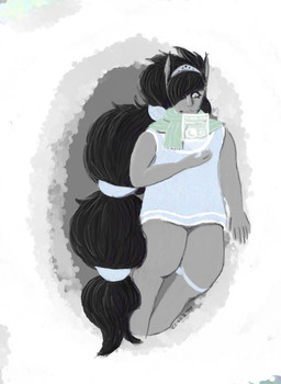 6_fingers accessory ambiguous_gender anthro black_ears black_hair black_markings blue_clothing blue_dress blue_eyes blue_headwear clothing crown digitigrade dress ear_tuft eyelashes fingers floor_length_hair green_scarf grey_body grey_inner_ear grey_skin hair hair_accessory hair_tie hardlight hardlight_screen headgear headwear leaning_on_wall leg_ribbon long_hair long_ponytail looking_at_object looking_at_screen looking_down makeup markings mascara pattern_clothing pattern_scarf ponytail scarf side_ponytail solo standing striped_clothing striped_scarf stripes tiara tied_hair tuft babbage alien niln 2022 dated digital_media_(artwork) hi_res signature nonbinary_(lore)