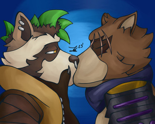 anthro armor brown_body brown_fur clothing ear_piercing facial_piercing fur green_hair hair hand_on_chin jacket kiss_on_lips kissing male male/male mohawk nose_piercing piercing scar simple_background topwear welp_can epic_games fortnite hajime_(fortnite) rufus_(fortnite) canid canine mammal procyonid raccoon raccoon_dog tanuki 5:4 hi_res