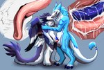 absurd_res animal_genitalia anthro balls big_tail bodily_fluids cum cum_drip cum_inside deep_throat digitigrade dragon dripping duo extreme_french_kiss feathered_dragon feathered_scalie feathered_wings feathers french_kissing frottage_in_slit genital_fluids genital_slit genitals hand_on_shoulder hi_res holding_partner internal internal_sheath kissing looking_at_another looking_at_partner looking_up male male/male mizuiro_chizu mythological_creature mythological_scalie mythology oral oral_penetration penetration scalie sergal sheath sheath_penetration sheath_play simple_background slit_penetration slit_play syke tail tail_tuft tuft wings xingiro