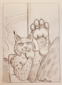 4_toes ankle_on_leg anthro confident digit_ring eyewear feet foot_fetish foot_focus full_foot_pawpads fur glasses jewelry looking_at_viewer male markings nude pawpads paws plantigrade ring simple_background smile solo spots spotted_body spotted_fur toe_ring toes wrinkled_feet wrinkles salem_(hollowvoice) salem_(kreoche) felid feline lynx mammal hi_res