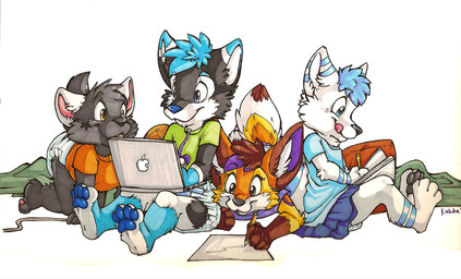 ageplay anthro blue_eyes bottomwear clean_diaper clothed clothing computer creating_art diaper diaper_under_clothing electronics exposed_diaper female group infantilism laptop male notebook pacifier paper pencil_(object) purple_eyes roleplay simple_background skirt smile stripes tail tongue wearing_diaper white_background young young_anthro young_female young_male pupspace kalida_(character) silkenpaws toya_pup canid canine canis domestic_dog fox mammal marker_(artwork) traditional_media_(artwork)