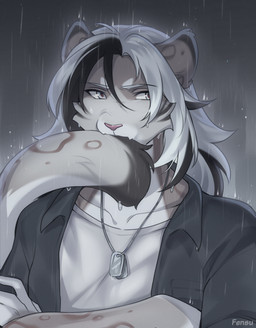 anthro biped bite clothed clothed_anthro clothed_male clothing fingers front_view fur grey_body grey_fur grey_hair grey_tail hair jewelry male markings necklace raining shirt solo spots spotted_body spotted_fur spotted_markings spotted_tail tail tail_bite tail_in_mouth tail_markings topwear fensu-san chris_(fensu-san) felid mammal pantherine snow_leopard 2025 digital_drawing_(artwork) digital_media_(artwork) hi_res