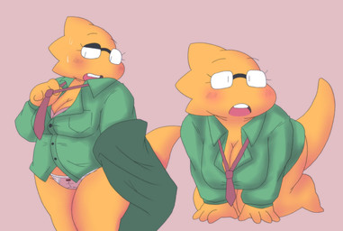 all_fours anthro belly big_breasts blush bra breasts buckteeth cleavage clothed clothing collared_shirt dress_shirt eyewear female front_view frown glasses jacket necktie non-mammal_breasts one_eye_half-closed open_frown open_mouth overweight overweight_anthro overweight_female panties rectangular_glasses scales shirt shortstack simple_background skimpy slightly_chubby slightly_chubby_anthro slightly_chubby_female solo tail teeth thick_tail thick_thighs three-quarter_view topwear underwear undressing wide_hips yellow_body yellow_scales alpi deltarune undertale_(series) alphys lizard reptile scalie archived_source multiple_images portrait three-quarter_portrait