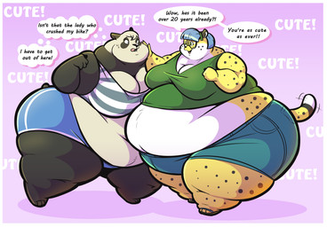 anthro belly big_belly big_breasts big_butt bottomwear breasts butt cleavage clothed clothing denim denim_bottomwear denim_clothing denim_shorts dialogue duo face_squish fat_face female female/female green_clothing green_shirt green_topwear obese overweight overweight_anthro overweight_female shirt short_tail shorts simple_background speech_bubble spots squish tail text topwear white_belly hoodah gillpanda_(character) bear cheetah felid feline giant_panda mammal colored english_text hi_res