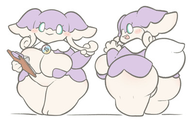 anthro big_breasts big_butt biped blush breasts butt clipboard clothed clothing eyelashes featureless_crotch female front_view hands_together holding_object huge_thighs looking_at_viewer looking_back mostly_nude mostly_nude_female multicolored_body multicolored_ears multiple_angles naturally_censored open_mouth open_smile pokemorph purple_body rear_view shirt_collar shortstack shortstack_female simple_background smile solo standing tail tan_body teal_sclera thick_thighs white_background white_eyes white_tail wide_hips white_slime_(artist) nintendo pokemon audino generation_5_pokemon pokemon_(species) shiny_pokemon 2024 digital_drawing_(artwork) digital_media_(artwork) hi_res