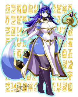 accessory anthro armwear big_breasts blue_body blue_fur blue_hair blue_tail boots breasts cleavage clothed clothing dipstick_tail ear_piercing ear_ring egyptian egyptian_architecture egyptian_clothing elbow_gloves eyelashes female footwear fur gloves green_eyes hair handwear high_heeled_boots high_heels holding_object huge_thighs kemono legwear long_hair markings multicolored_body multicolored_fur multicolored_tail navel open_mouth piercing ring_piercing shoes smile solo staff tail tail_markings thick_thighs thigh_boots thigh_highs two_tone_tail usekh white_body white_fur wide_hips aozora_(tasogare_aozora) nintendo star_fox krystal_(star_fox) canid canine fox mammal 2025 digital_media_(artwork) japanese_description