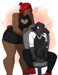 anthro balls big_penis blush bodily_fluids breasts clothed clothing duo erection female genital_fluids genitals heart_symbol huge_penis interrobang male penis precum sitting standing redpixie raptor_o'donnell red_(redpixie) avian bear bird mammal hi_res