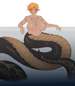 apode big_breasts breasts female hair legless nipples orange_hair serpentine solo split_form 4kkc draconcopode lamia reptile scalie snake 2023 absurd_res hi_res