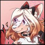 anthro breasts collar female hair multicolored_hair open_mouth pawpads paws smile solo transformation two_tone_hair datkitsu wuffkitty canid canine domestic_cat felid feline felis folfitty fox hybrid mammal 1:1 bust_portrait portrait