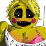 beakless bib blush bra breasts cleavage clothed clothing eyebrows female heart_symbol non-mammal_breasts pink_bra pink_clothing pink_underwear simple_background solo teeth underwear undressing white_background white_eyes yellow_body zoidrawzaton five_nights_at_freddy's five_nights_at_freddy's_2 scottgames toy_chica_(fnaf) avian bird chicken galliform gallus_(genus) phasianid 1:1 2015 hi_res