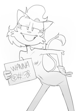 anthro breasts female inviting_to_sex looking_at_viewer nipples nude pose seductive sign small_breasts smile solo standing toony dbaru sarah_n._dippity domestic_cat felid feline felis mammal 2026 hi_res monochrome