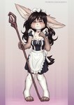 4_toes anthro black_hair clothed clothing eyes_closed feet female freckles fur grey_body grey_fur hair jewelry legwear maid_apron maid_hat maid_headdress maid_uniform necklace solo tail toes uniform white_body white_fur elronya lagomorph leporid mammal rabbit hi_res