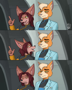 5_fingers angry anthro clothed clothing coat duo facial_scar female fingers hair half-closed_eyes lab_coat long_hair male narrowed_eyes open_mouth scar topwear maxim_theos star_trek star_trek_lower_decks dr._t'ana maxim_(maxim_theos) caitian canid canine felid feline fennec_fox fox mammal true_fox absurd_res hi_res