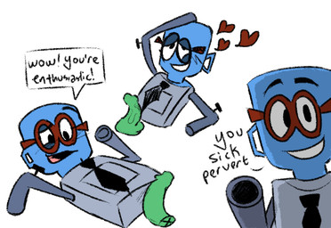 blush dialogue disembodied_penis eyewear genitals glasses grey_body heart_symbol male not_furry penis red_eyewear red_glasses rubbing simple_background solo text white_background objectfucker jackbox_games job_job the_jackbox_party_pack m._bubbles animate_inanimate humanoid 2025 english_text nonbinary_(lore)