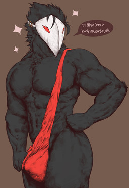abs biceps big_bulge black_body bulge chest_tuft clothed clothing clothing_pull male mask muscular muscular_male nipples partially_clothed pecs red_eyes simple_background solo sparkles sparkling_character tuft ggan_ggandi deltarune undertale_(series) avian darkner swatchling absurd_res hi_res