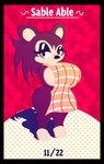 anthro apron big_breasts breasts brown_body butt clothed clothing female freckles fur glistening_eyelids looking_at_viewer pose simple_background solo standing text thick_thighs wide_hips smokedsoul35 animal_crossing nintendo sable_able eulipotyphlan hedgehog mammal digital_media_(artwork) english_text hi_res