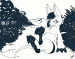 claws clothing fangs female feral legwear looking_at_viewer sitting solo stockings teeth stormdragonblue neopets bori_(neopets) neopet_(species) hi_res monochrome