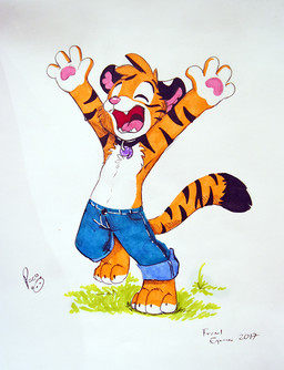 anthro barefoot blue_bottomwear blue_clothing blue_pants bottomwear clothed clothing eyes_closed feet fur grass happy logo male male_anthro markings open_mouth open_smile orange_body orange_fur pants plant smile solo striped_arms striped_markings striped_tail stripes tail tail_markings topless white_body white_fur young young_anthro young_male pandapaco felid mammal pantherine tiger 2017 artist_logo dated signature