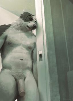 anthro bodily_fluids doorway dripping floppy_ears fur genital_fluids genitals glans humanoid_genitalia humanoid_penis inside looking_at_viewer low-angle_view male nipples nude nude_anthro nude_male penis precum precum_drip slightly_chubby solo standing teeth tongue whisker_spots white_body white_fur mokejumps canid canine canis domestic_dog mammal 2026 digital_media_(artwork) hi_res