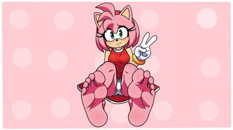anthro barefoot clothed clothing feet female foot_fetish foot_focus gesture gloves hand_gesture handwear pink_body soles solo toes upskirt v_sign moltarhailk223 sega sonic_the_hedgehog_(series) amy_rose eulipotyphlan hedgehog mammal absurd_res hi_res
