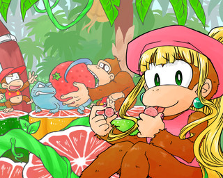 anthro blonde_hair clothing female food fruit group hair long_hair male plant ponytail さくる donkey_kong_(series) nintendo diddy_kong dixie_kong donkey_kong_(character) ape haplorhine lizard mammal monkey primate reptile scalie 5:4