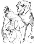 anthro bag clothed clothing duo female fur larger_female male predator/prey simple_background size_difference smaller_male wool_(fur) adam_bryce_thomas disney pack_street zootopia pandora_(weaver) remmy_cormo bovid caprine domestic_sheep felid mammal pantherine sheep tiger absurd_res black_and_white hi_res monochrome