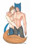 blue_hair bottomwear clothed clothing crotch_grab denim denim_bottomwear denim_clothing duo fur grope hair jeans male male/male open_bottomwear open_clothing open_pants pants simple_background standing topless white_background koshkio domestic_cat felid feline felis humanoid mammal 2015 absurd_res hi_res marker_(artwork) traditional_media_(artwork)