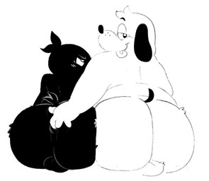 anthro anus arm_around_partner backsack ball_tuft balls black_body black_feathers blush duo embarrassed feathers fingering fur genitals intersex intersex/male male overweight side_eye_at_viewer size_difference slightly_chubby slightly_chubby_male smile smirk tail tail_feathers tongue tongue_out tuft butternutworm puppy_guard russell_(puppy_guard) wick_(puppy_guard) avian bird canid canine canis corvid corvus_(genus) crow domestic_dog mammal oscine passerine monochrome